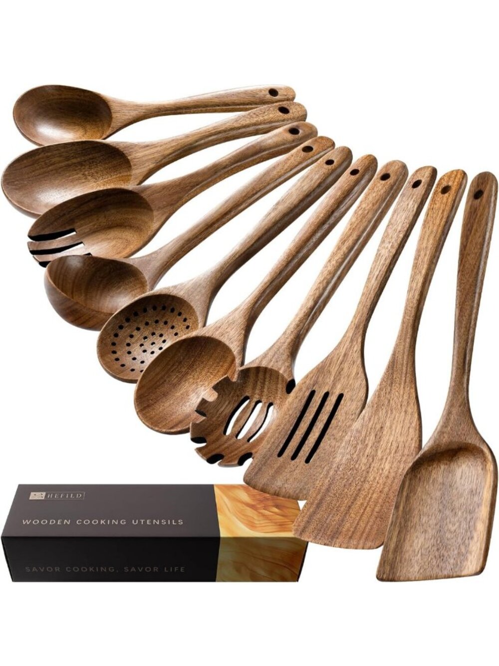 10-Piece Acacia Wood Cooking Utensil Set - Durable Wooden Spoons for Kitchen Use